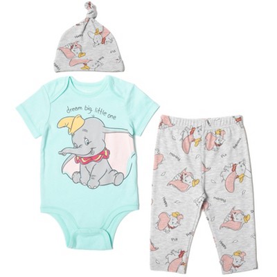 Disney Classics Dumbo Newborn Baby Boys Bodysuit Pants and Hat 3 Piece Outfit Set Blue / Gray 3-6 Months