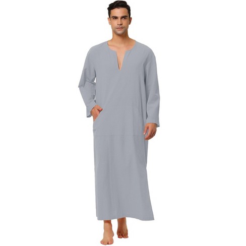 Lars Amadeus Men's Cotton V-Neck Side Split Long Night Gown with Pocket  Gray Small