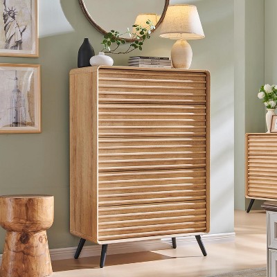 SinCiDo 5 Drawers Dresser, 48" Tall Mid Century Modern Fluted Wood Chest with Tapered Legs for Bedroom, Living Room, Hallway & Closet