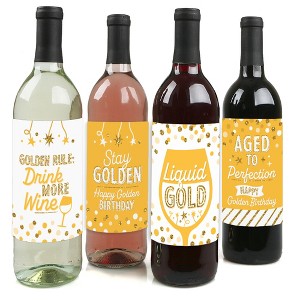 Big Dot of Happiness Golden Birthday - Happy Birthday Party Decorations for Women and Men - Wine Bottle Label Stickers - Set of 4 - 1 of 4