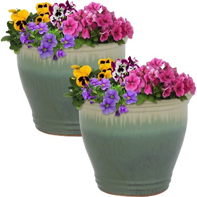 Seafoam High-Fired Glazed Ceramic Planter Duo with Drainage, 11-Inch