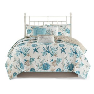 Gracie Mills Koreen 6-Piece Coastal Bliss Cotton Sateen Quilt Set with Throw Pillows - King/California King - Blue - 1 of 4