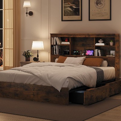 Nasitip Bed Frame with Bookcase Headboard, Storage Drawers, Charging Station, No Box Spring Needed, Metal Wood Frame, Queen/Full, Grey