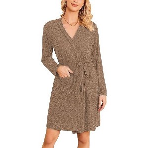 Ekouaer Women Robe Ribbed Knit Soft Bathrobe Knee Length Robes Stretchy Short Sleepwear with Pockets - 1 of 4
