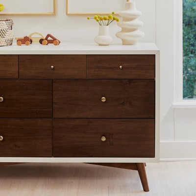 Warm White and Natural Walnut Mid-Century Double Dresser with Tapered Legs