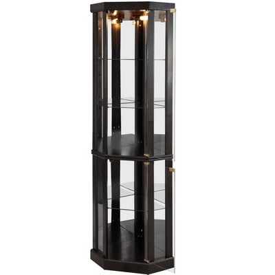 YOOCOZZ Lighted Corner Curio Cabinet – Elegant Glass Display Case (Built-in Lighting) for Antiques, Wine & Storage (Living Room/Bar) - BLACK
