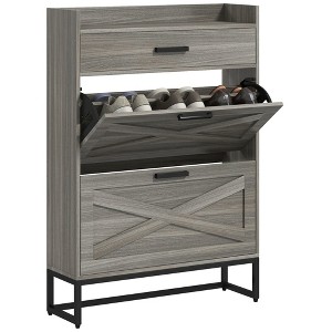 HOMCOM Slim Shoe Cabinet, Industrial Entryway Shoe Storage Cabinet with 2 Flip Drawers, Adjustable Shelves, Top Drawer for 12 Pairs - 1 of 4