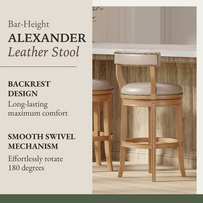Weathered Oak Swivel Bar Stool with Vegan Leather Upholstery