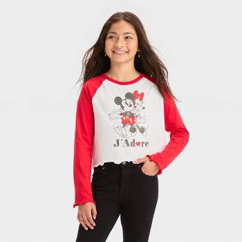 Girls' Mickey Mouse & Friends J'adore Long Sleeve Graphic Crop T-Shirt - Red