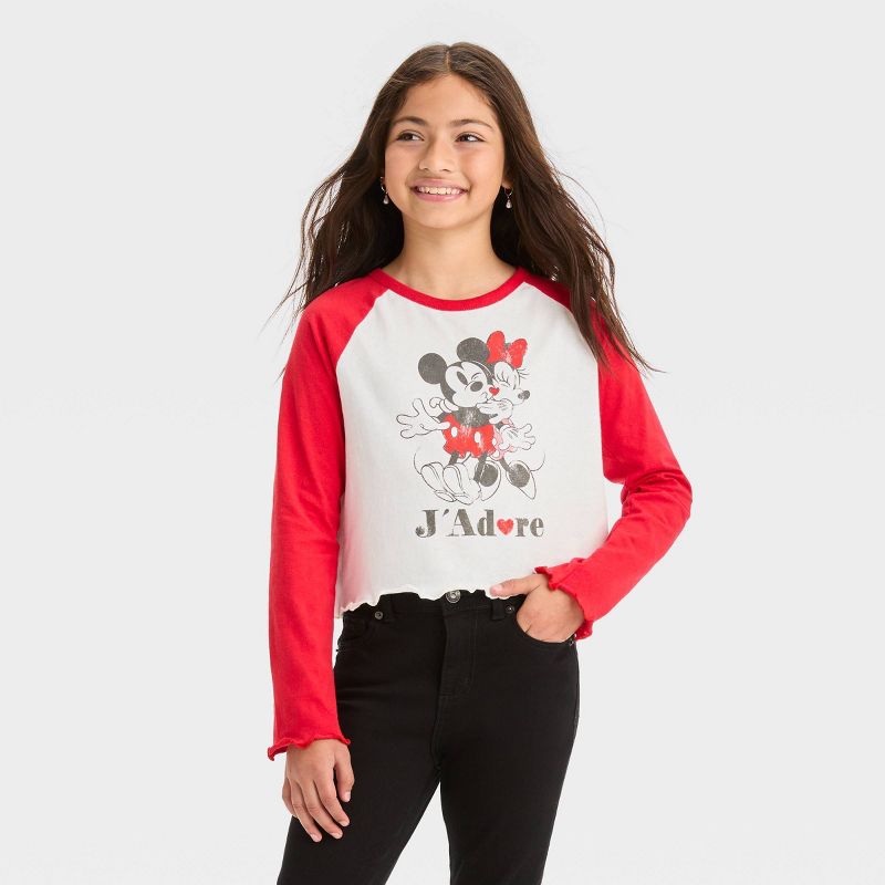 Girls' Mickey Mouse & Friends J'adore Long Sleeve Graphic Crop T-Shirt - Red, 1 of 4