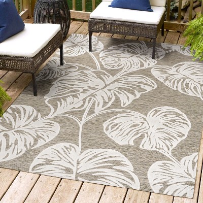 JONATHAN Y Tobago High-Low Two-Tone Monstera Leaf Floral Indoor/Outdoor Area Rug