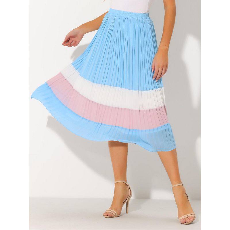 Allegra K Women's Elastic Waist Color Block A-Line Midi Pleated Chiffon Skirt, 2 of 6