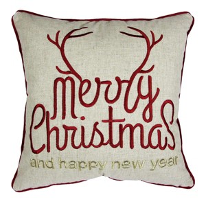 Gulches "Merry Christmas & Happy New Year" Throw Pillow,20x20 Linen Look with Gold Accents & Insert,Mantel Decor with Holly & Bells - 1 of 4