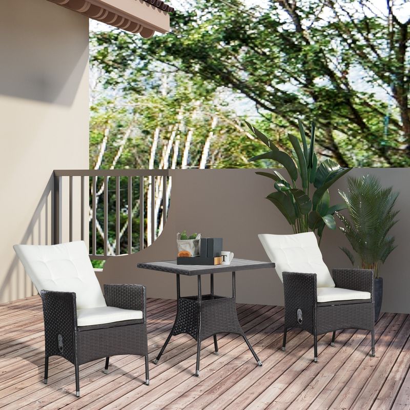 Outsunny 3 Pieces Patio PE Rattan Sofa Set, Outdoor Recliner Chairs with Wood Grain plastic Top Coffee Table Conversation Furniture Set, for Garden, Backyard, Deck, 3 of 7