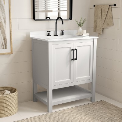 Merrick Lane Bathroom Vanity with Ceramic Sink, Carrara Marble Finish Countertop, Storage Cabinet with Soft Close Doors and Open Shelf