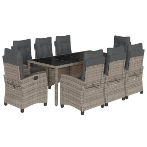 vidaXL 9 Piece Gray Poly Rattan Patio Dining Set w/Cushions and Tempered Glass Tabletop - Garden, Backyard, Outdoor, Deck, Adjustable Backrest - 1 of 4