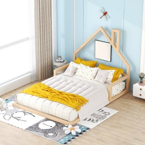Toddler Floor Bed, Bed Frame Full Size With House-shaped Headboard Solid Pine Wood House Bed For Boys, Girls, No Box Spring Needed, Natural Full - 1 of 4