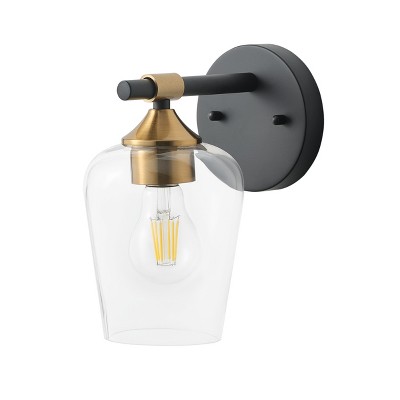 Dewdrop Industrial Matte Black Wall Light with Brass Finish and Clear Glass Shade for Bedroom Bathroom