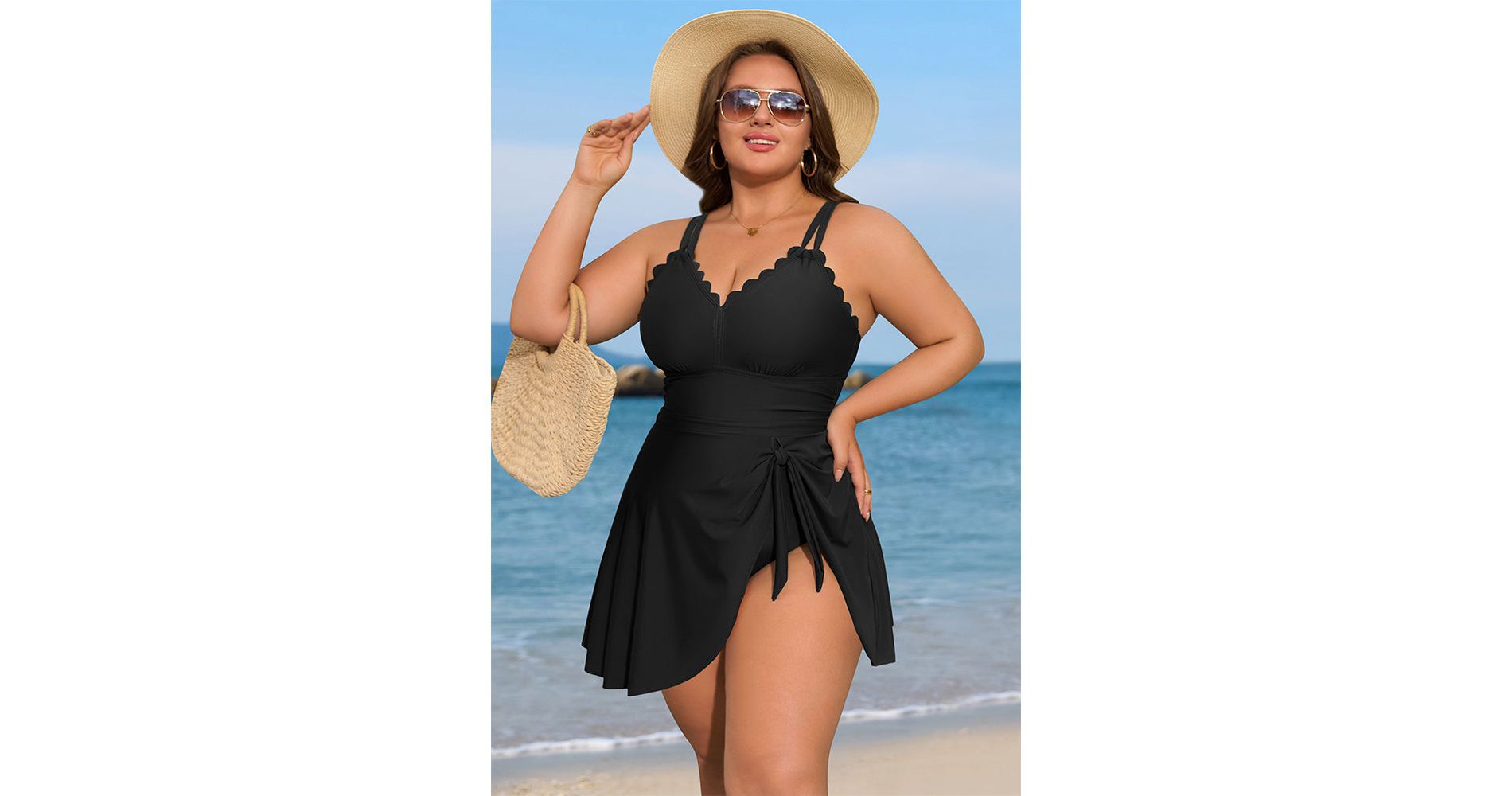 Charmo Women's Plus Size One Piece Swim Dress Tummy Control Swimsuit with Scalloped Neck & Flowy Skirt