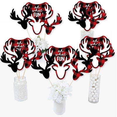 Big Dot of Happiness Prancing Plaid - Reindeer Holiday and Christmas Party Centerpiece Sticks - Table Toppers - Set of 15