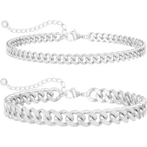 14K Gold/Silver Plated Stackable Chunky Cuban Link Chain Anklet Bracelet Set Non Tarnish - 1 of 4