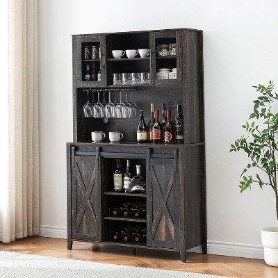 Kitchen Pantry Cabinet with Sliding Barn Door, 70" Farmhouse Coffee Bar Cabinet for Kitchen, Dining Room