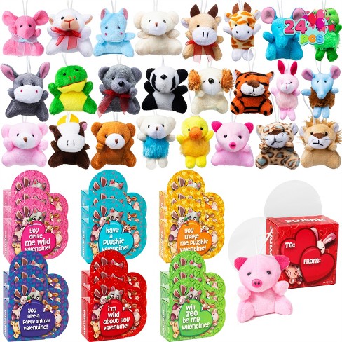 Joyfy 24 Pcs Valentines Day Animal Plush Toy Party Favors Filled with Heart Boxes for Kids, KeyChain Plush Toy for Valentine's Classroom Exchange Gift - image 1 of 4