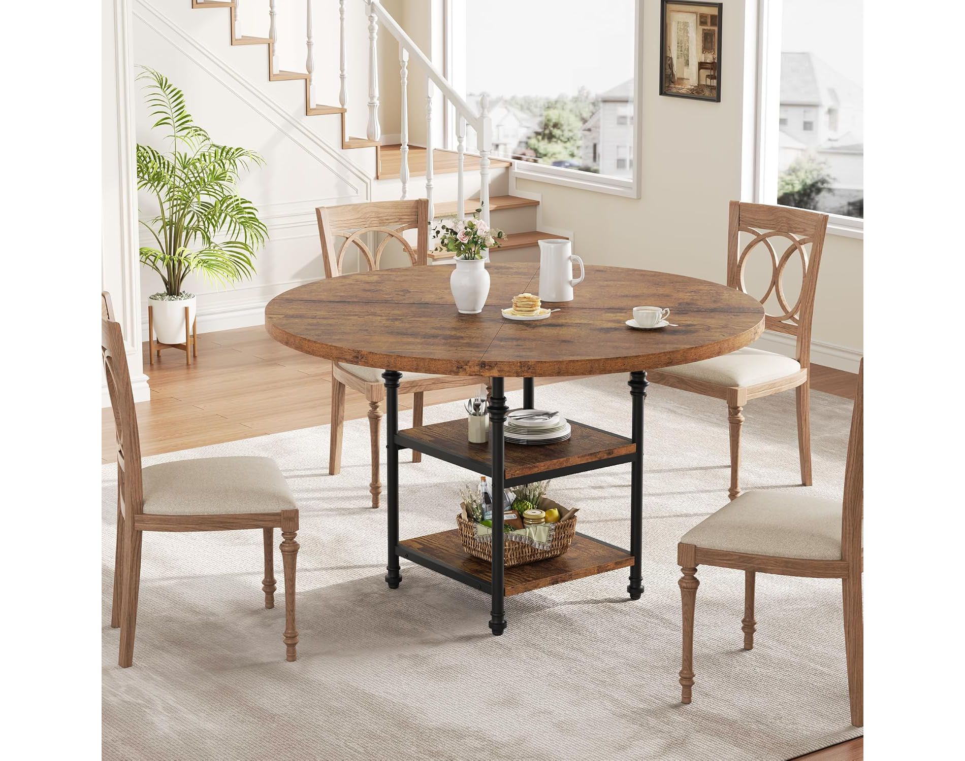 47-Inch Round Dining Table for 4-6 ,Wooden Table with Storage Shelves & Roman Metal Legs for Living Room(Table Only)-Retro