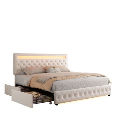CAVINAS Full/Queen/King Size Modern Platform Bed Frame with LED on Headboard & 4 Storage Drawers,No Box Spring Needed