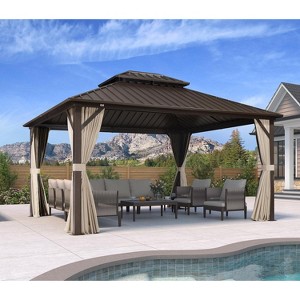 PURPLE LEAF Outdoor Hardtop Gazebo Metal Frame Galvanized Steel Double Roof with Curtains and Nettings for Patio Desk Backyard Bronze - 1 of 4