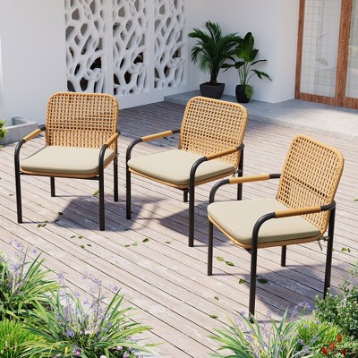 LOVSON 3-Piece Outdoor Dining Chair Set, Removable Oatmeal Cushions, 400 lb. Weight Capacity, All-Weather Wicker Chairs for Garden, Backyard, Porch