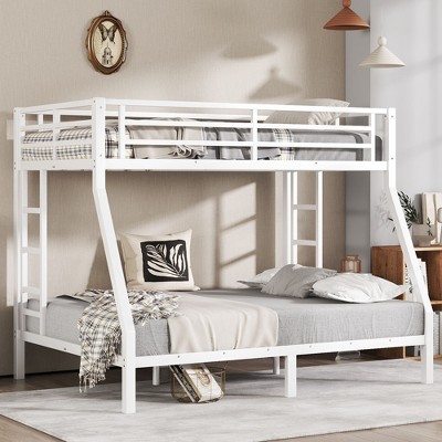 CAVINAS Twin Over Full White Bunk Bed with Fence & Ladder,Modern Metal Bed Frame for Adults,Teens