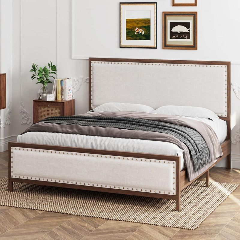 Metal Platform Bed Frame with Headboard and Footboard, Wood Grain Bed Frame with Rivet, No Box Spring Needed, Walnut, 2 of 7