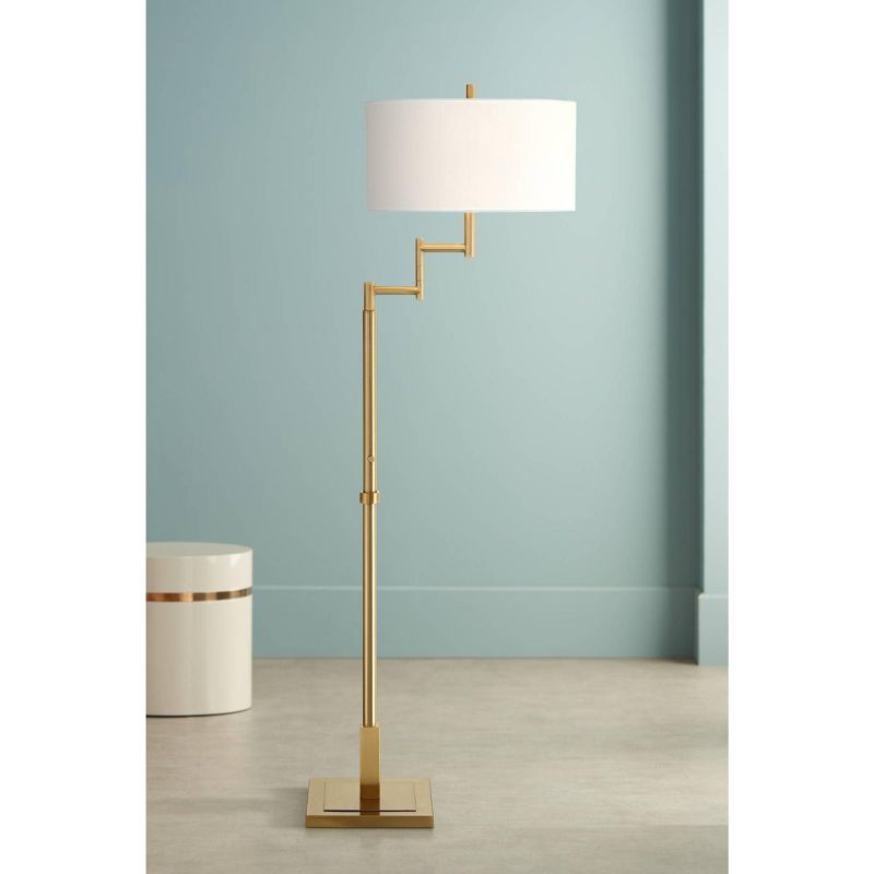 Possini Euro Design Artisan Swing Arm Floor Lamp 62.25" Tall Warm Antique Brass Linen Drum Shade for Living Room Reading Bedroom Office, 3 of 11