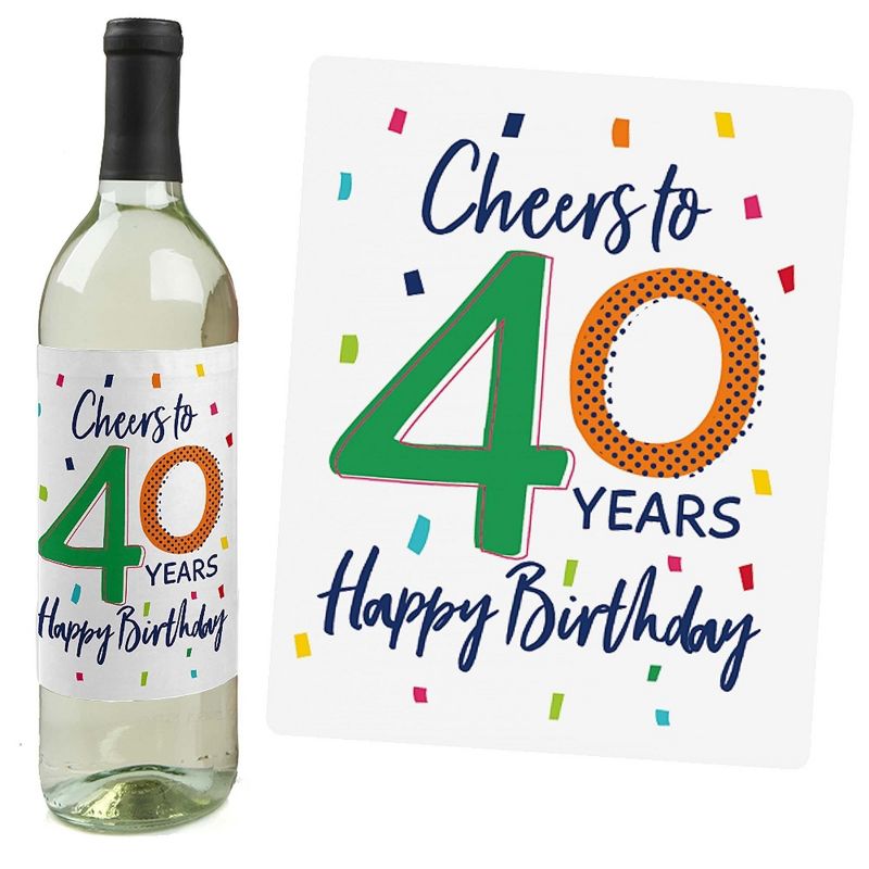 Big Dot of Happiness 40th Birthday - Cheerful Happy Birthday - Colorful Fortieth Birthday Party Decor - Wine Bottle Label Stickers - Set of 4, 2 of 9