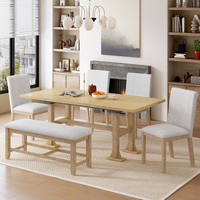 6 PCS Farmhouse Dining Set, Dining Set with Extendable Table and 4 Chairs and 1 Bench, Upholstered Chairs and Bench with Cushions-Coolbibila