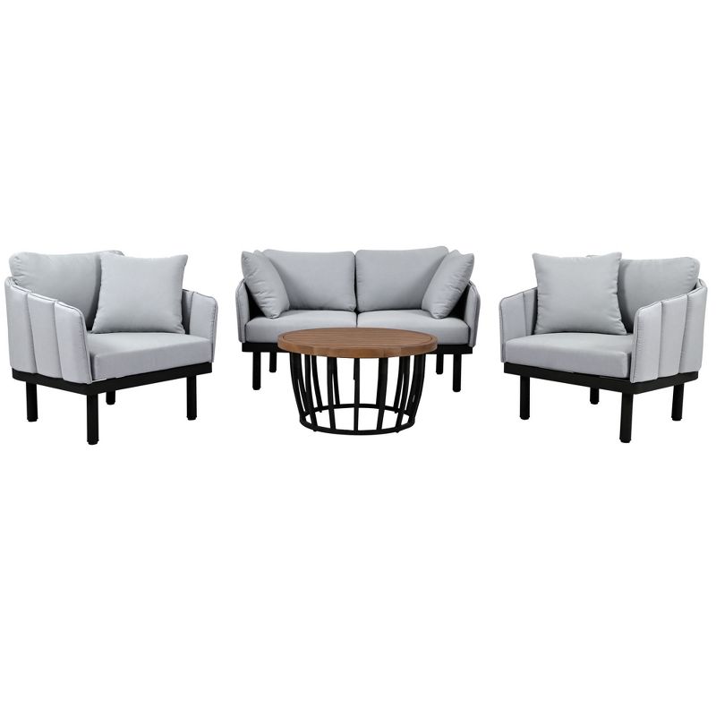 Modern 4-Piece Outdoor Iron Frame Conversation Set, Patio Chat Set with Acacia Wood Round Coffee Table 4M - ModernLuxe, 4 of 14