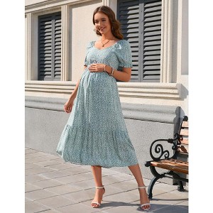 Women's Floral Maternity Dress V Neck Short Puff Sleeve Swing Maxi Dresses Casual for Photoshoot Baby Shower - 1 of 3