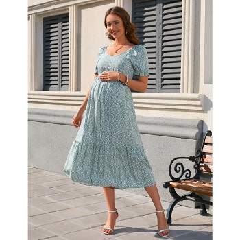 ClearFlower Women's Floral Maternity Dress V Neck Short Puff Sleeve Swing Maxi Dresses Casual for Photoshoot Baby Shower
