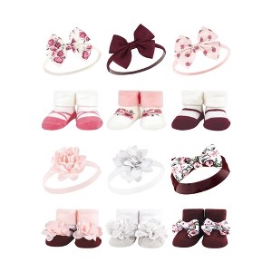 Hudson Baby Infant Girl 12Pc Headband and Socks Giftset, Rose Pink Burgundy, One Size - 1 of 3