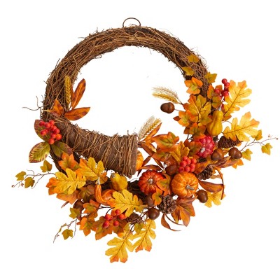 Nearly Natural 26-in Autumn Artificial Cornucopia Fall Wreath