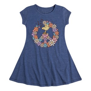 Girls' - Peanuts - Floral Peace Sign Woodstock Fit & Flair Cap Sleeve Dress - 1 of 4