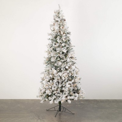 9 ft. Sullivans Artificial Lightly Flocked Pre-Lit Christmas Tree, Green-White, Indoor Christmas Decor