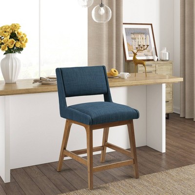 Navy Blue Pecan Wood Upholstered Counter Stool with Cushion