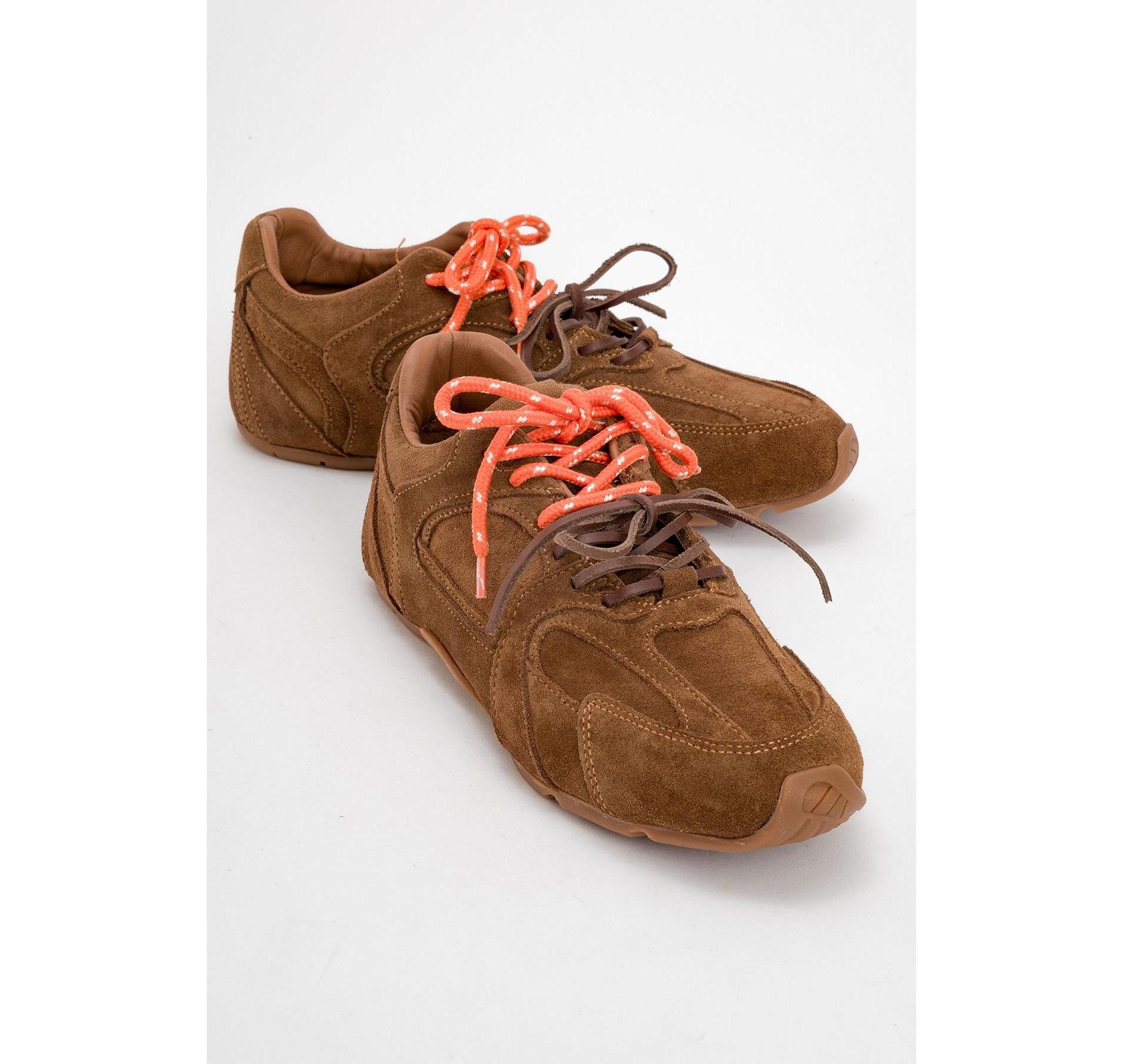 Selena - Cognac Brown Suede Leather Sneakers (Women) ￼￼| Forever & Always Shoes
