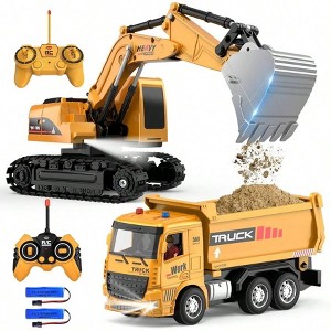 Remote Control Excavator Dump Truck Toy Set with Barricades, Road Signs, Rocks, Lights, Sounds - 1 of 4