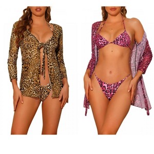 Elerevyo Women's Halter Leopard Print Lace Up Mesh Cover Up Swimwear Bathing Suits 3 Pcs 2 Sets - 1 of 4