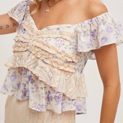 Women's Floral Print Ruffle Lace Trimmed Sweetheart Neck Top - BluIvy