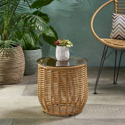 15.5'' Round Rattan Side Table with Tempered Glass Top,Boho Outdoor Accent Table for Patio or Balcony-Cuddlewood