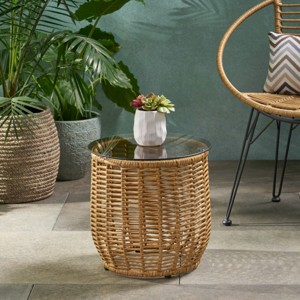 15.5'' Round Rattan Side Table with Tempered Glass Top,Boho Outdoor Accent Table for Patio or Balcony-Cuddlewood - 1 of 4
